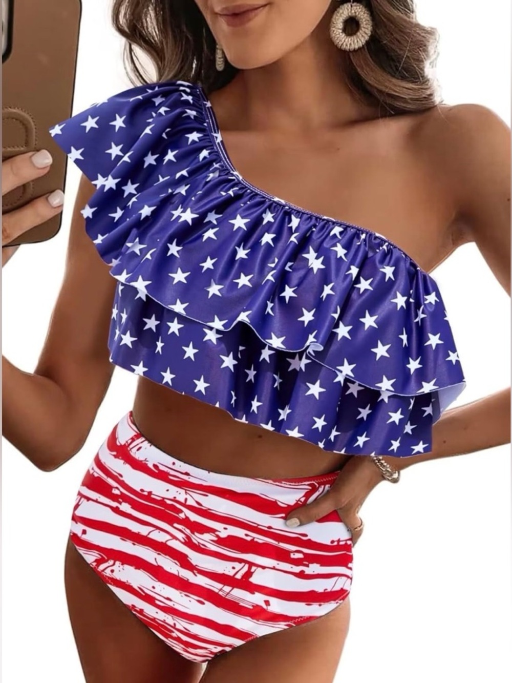 NWT VIMPUNEC AmericanFlag Ruffle One Shoulder HighWaisted 2Pc Swimsuit Womens S